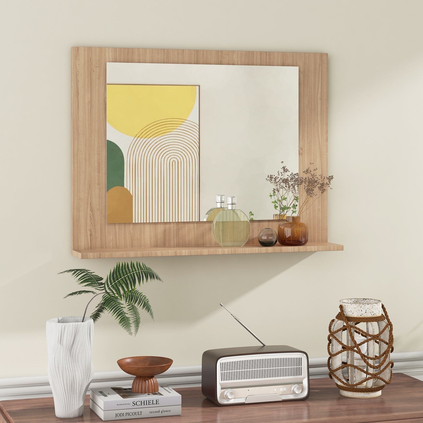 Wood Frame Rectangle Bathroom Mirror with Shelf 23.5 x 17.5 Inch