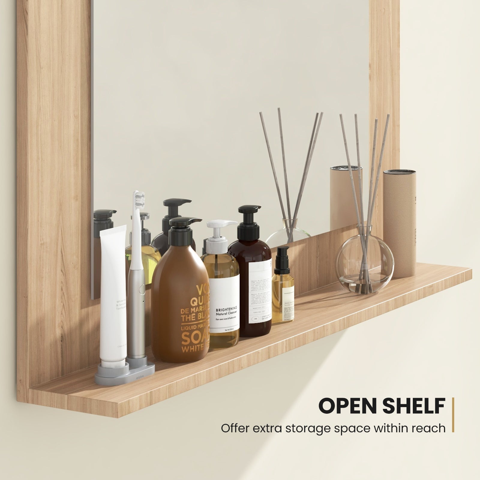 Wood Frame Rectangle Bathroom Mirror with Shelf 23.5 x 17.5 Inch