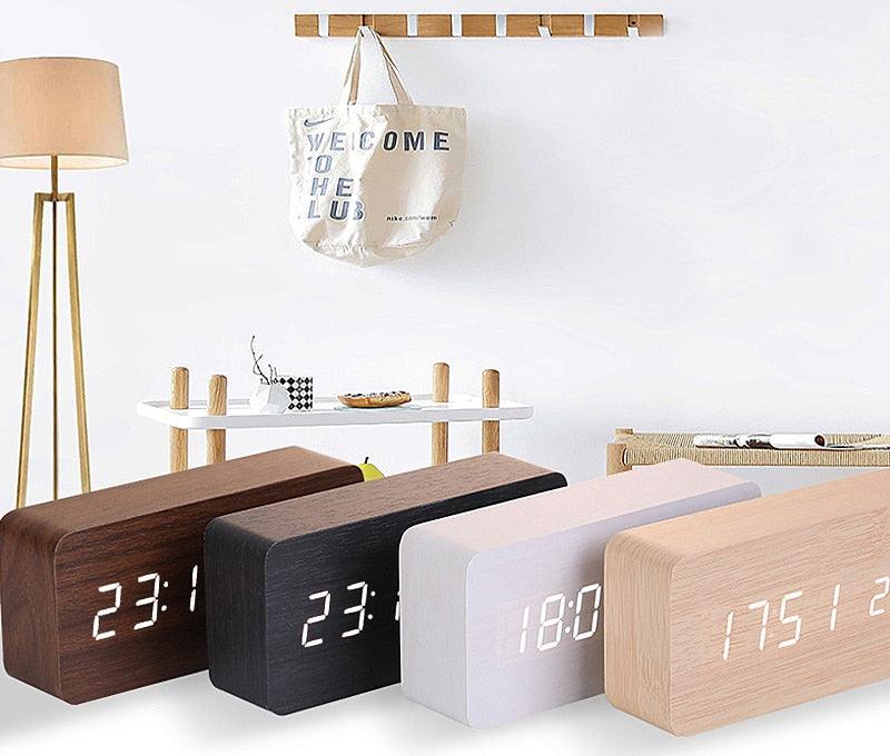 Wooden LED Alarm/Desk/Table Clock with Date, Temperature & Sound/Brightness Control