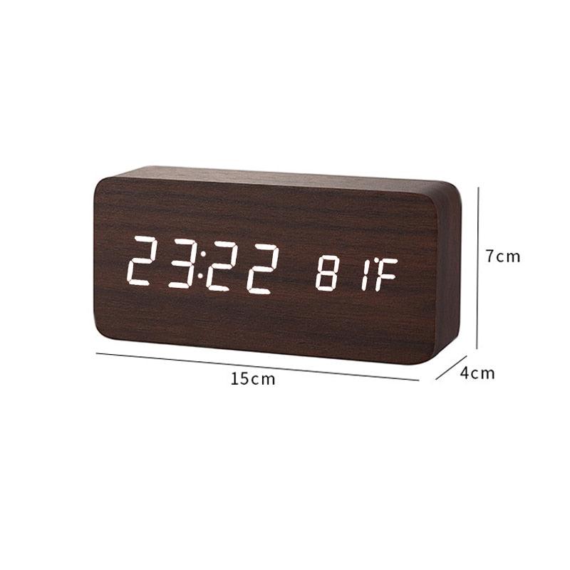 Wooden LED Alarm/Desk/Table Clock with Date, Temperature & Sound/Brightness Control