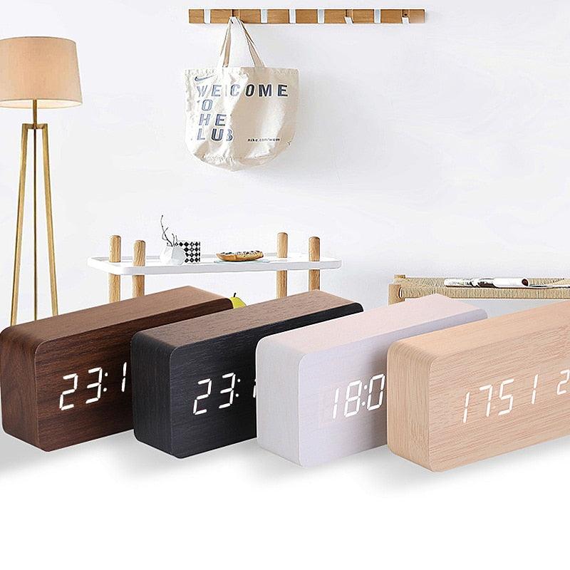 Wooden LED Alarm/Desk/Table Clock with Date, Temperature & Sound/Brightness Control
