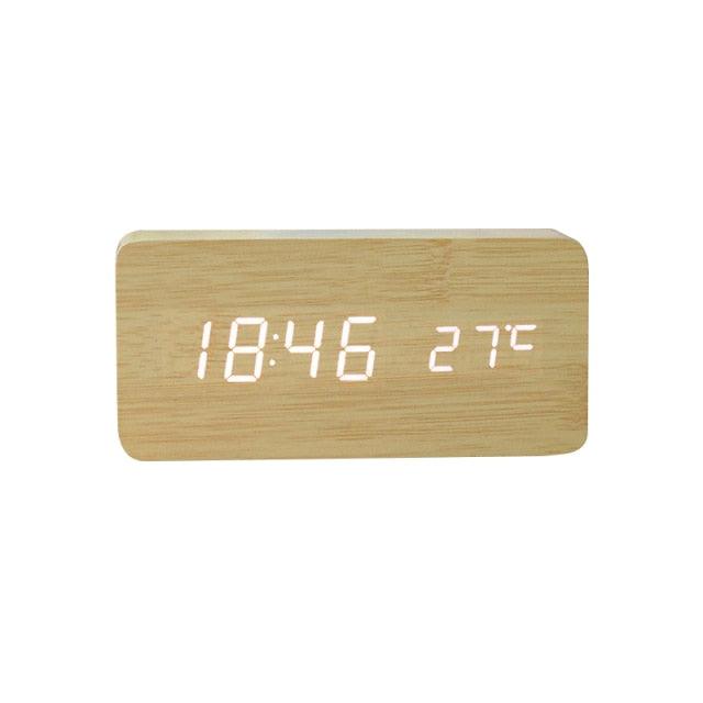 Wooden LED Alarm/Desk/Table Clock with Date, Temperature & Sound/Brightness Control