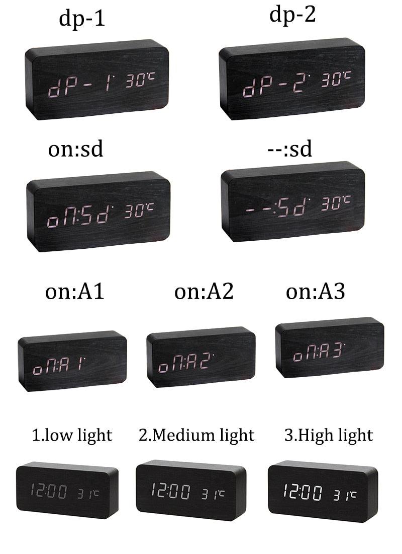 Wooden LED Alarm/Desk/Table Clock with Date, Temperature & Sound/Brightness Control