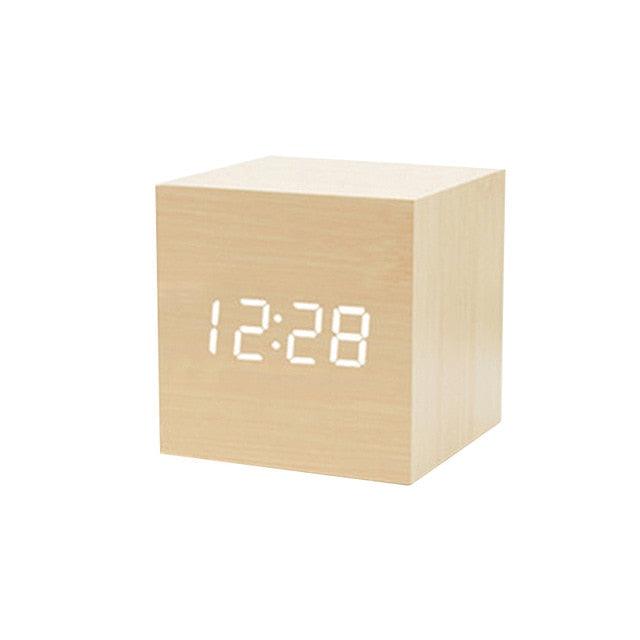 Wooden LED Alarm/Desk/Table Clock with Date, Temperature & Sound/Brightness Control