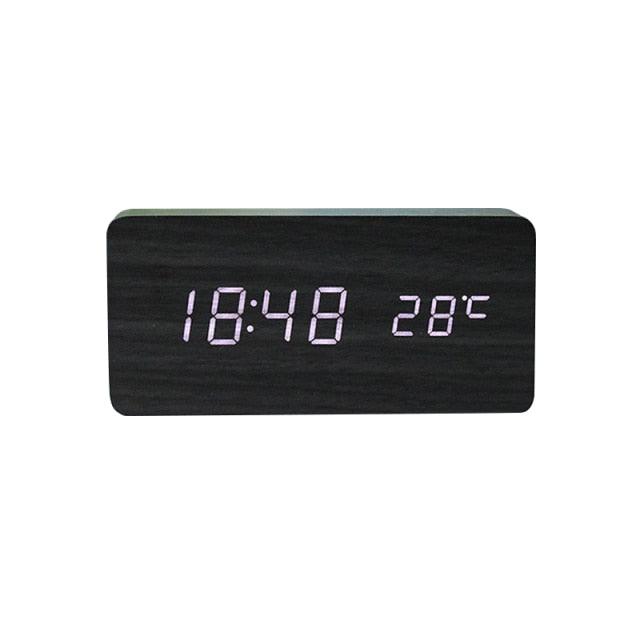 Wooden LED Alarm/Desk/Table Clock with Date, Temperature & Sound/Brightness Control