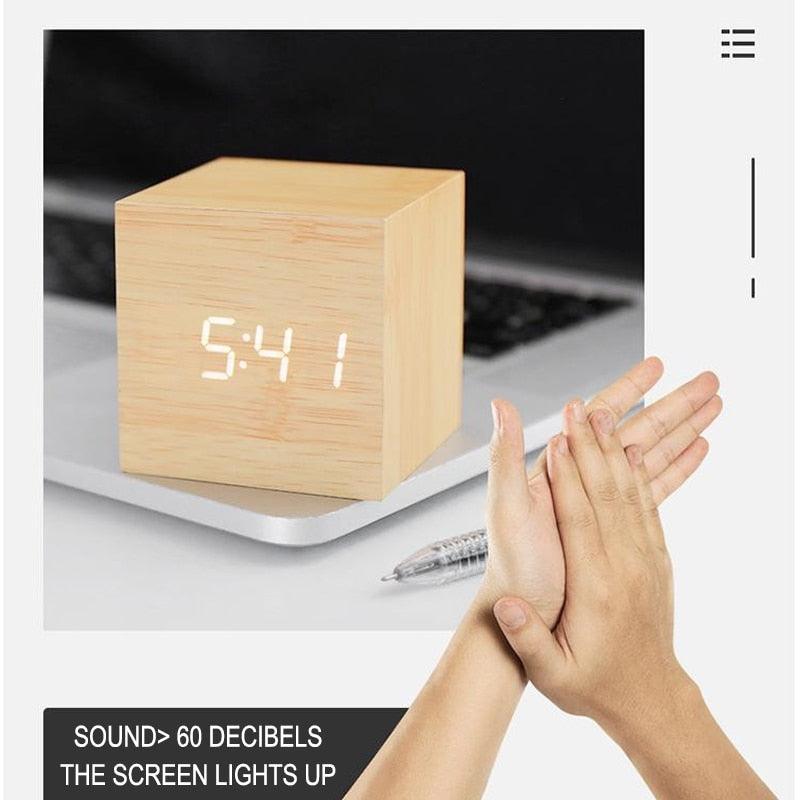 Wooden LED Alarm/Desk/Table Clock with Date, Temperature & Sound/Brightness Control