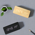 Wooden LED Alarm/Desk/Table Clock with Date, Temperature & Sound/Brightness Control