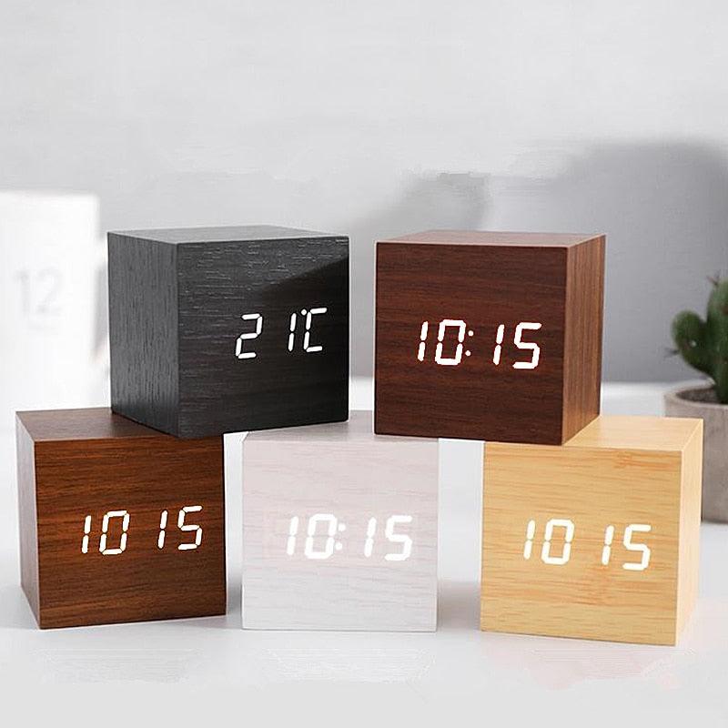 Wooden LED Alarm/Desk/Table Clock with Date, Temperature & Sound/Brightness Control