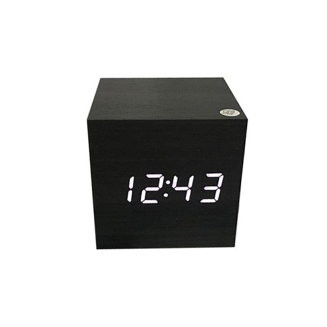 Wooden LED Alarm/Desk/Table Clock with Date, Temperature & Sound/Brightness Control