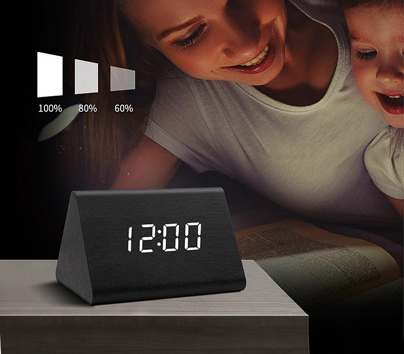 Wooden LED Alarm/Desk/Table Clock with Date, Temperature & Sound/Brightness Control