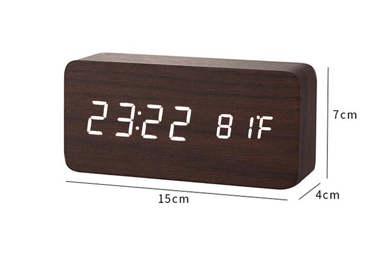 Wooden LED Alarm/Desk/Table Clock with Date, Temperature & Sound/Brightness Control