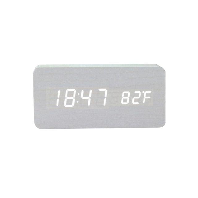 Wooden LED Alarm/Desk/Table Clock with Date, Temperature & Sound/Brightness Control