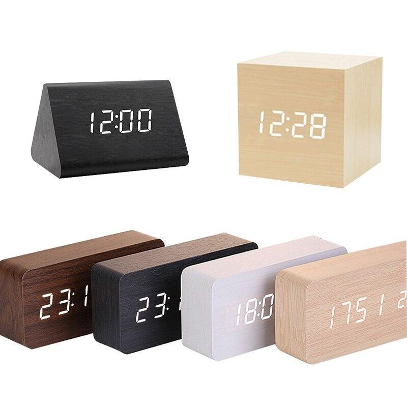 Wooden LED Alarm/Desk/Table Clock with Date, Temperature & Sound/Brightness Control