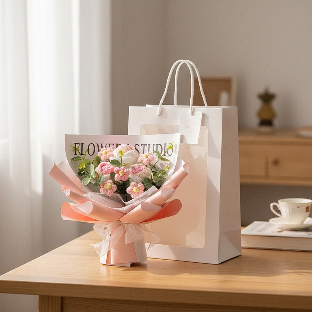 LUXE Crochet Rose Bouquet with Luxury Gift Box and Fairy Lights