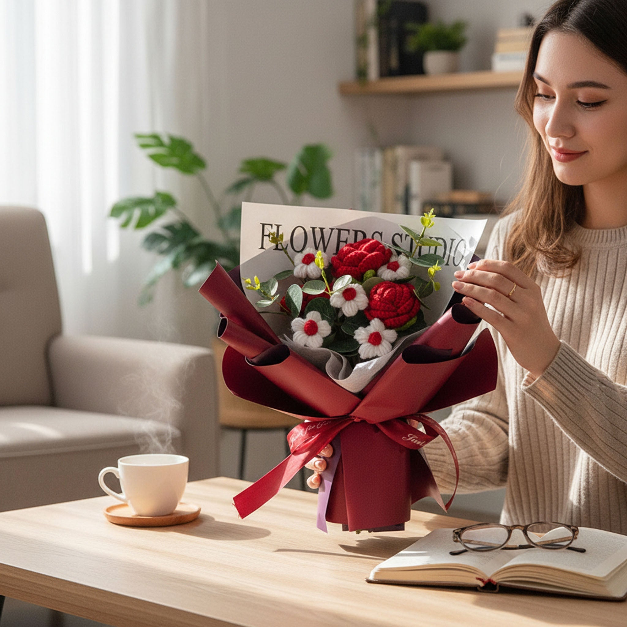 LUXE Crochet Rose Bouquet with Luxury Gift Box and Fairy Lights