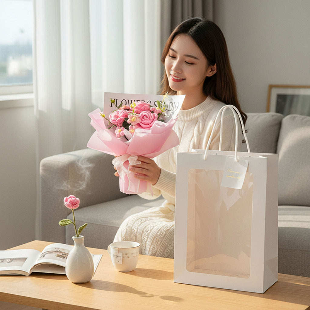 LUXE Crochet Rose Bouquet with Luxury Gift Box and Fairy Lights
