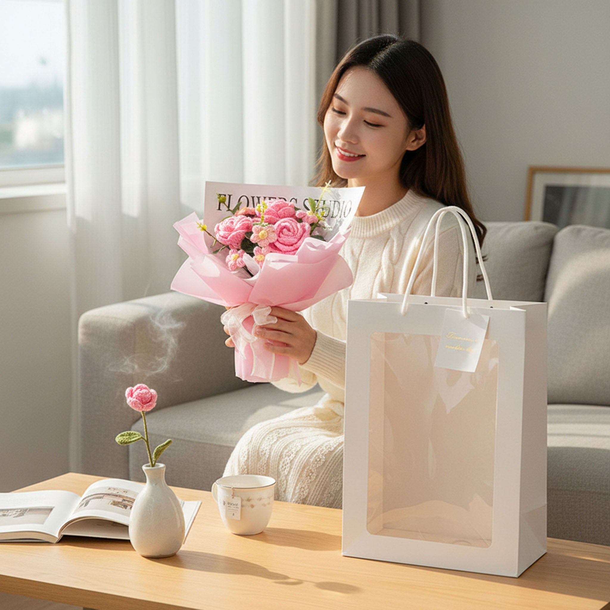 LUXE Crochet Rose Bouquet with Luxury Gift Box and Fairy Lights