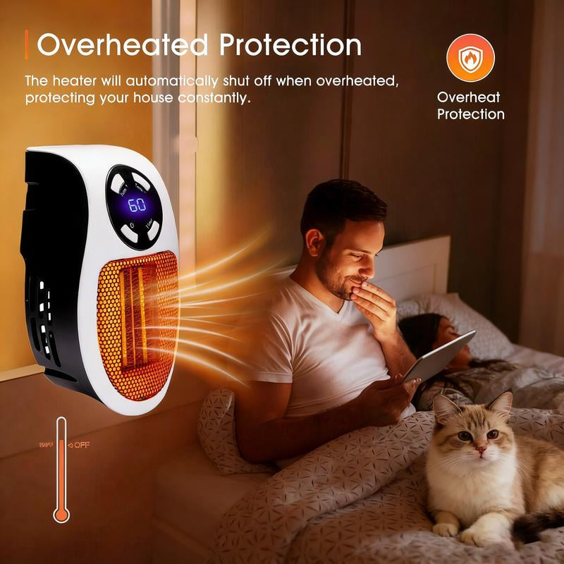 Remote Wall Outlet Electric Small Space Heater, Adjustable Thermostat, Timer and LED Display
