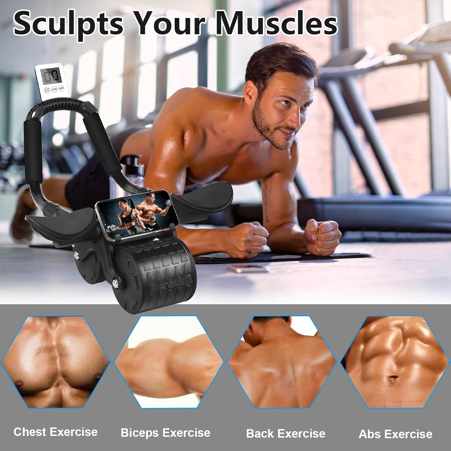2025 New Ab Roller Wheel with Knee Mat &Timer, Automatic Rebound Abdominal Wheel, Ab Abdominal Exercise Roller with Elbow Support, Abs Workout Equipment Ab Exercise Roller for Women Men