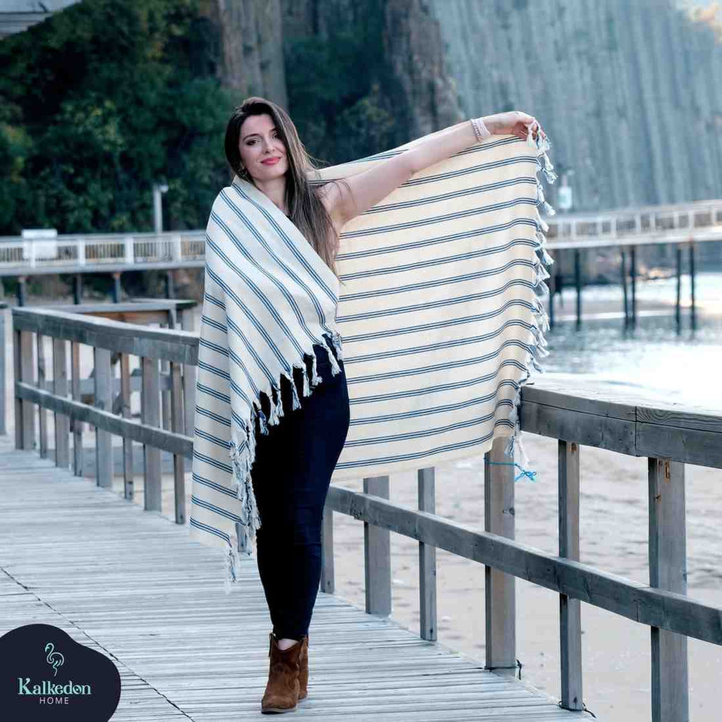 Dark Blue Striped Handwoven Turkish Towel, Wrap, Throw