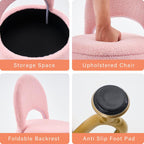 Teddy Velvet, Storage Vanity Stool Chair with Folding Back, Make-Up, Office, Bedroom