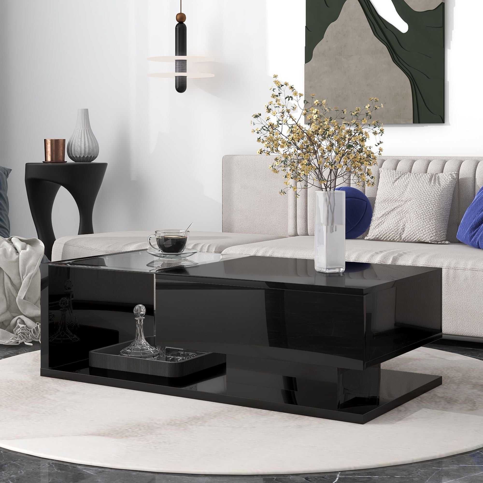 [VIDEO provided] ON-TREND Modern Coffee Table with Tempered Glass, Wooden Cocktail Table with High-gloss UV Surface, Modernist 2-Tier Rectangle Center Table for Living Room, Black
