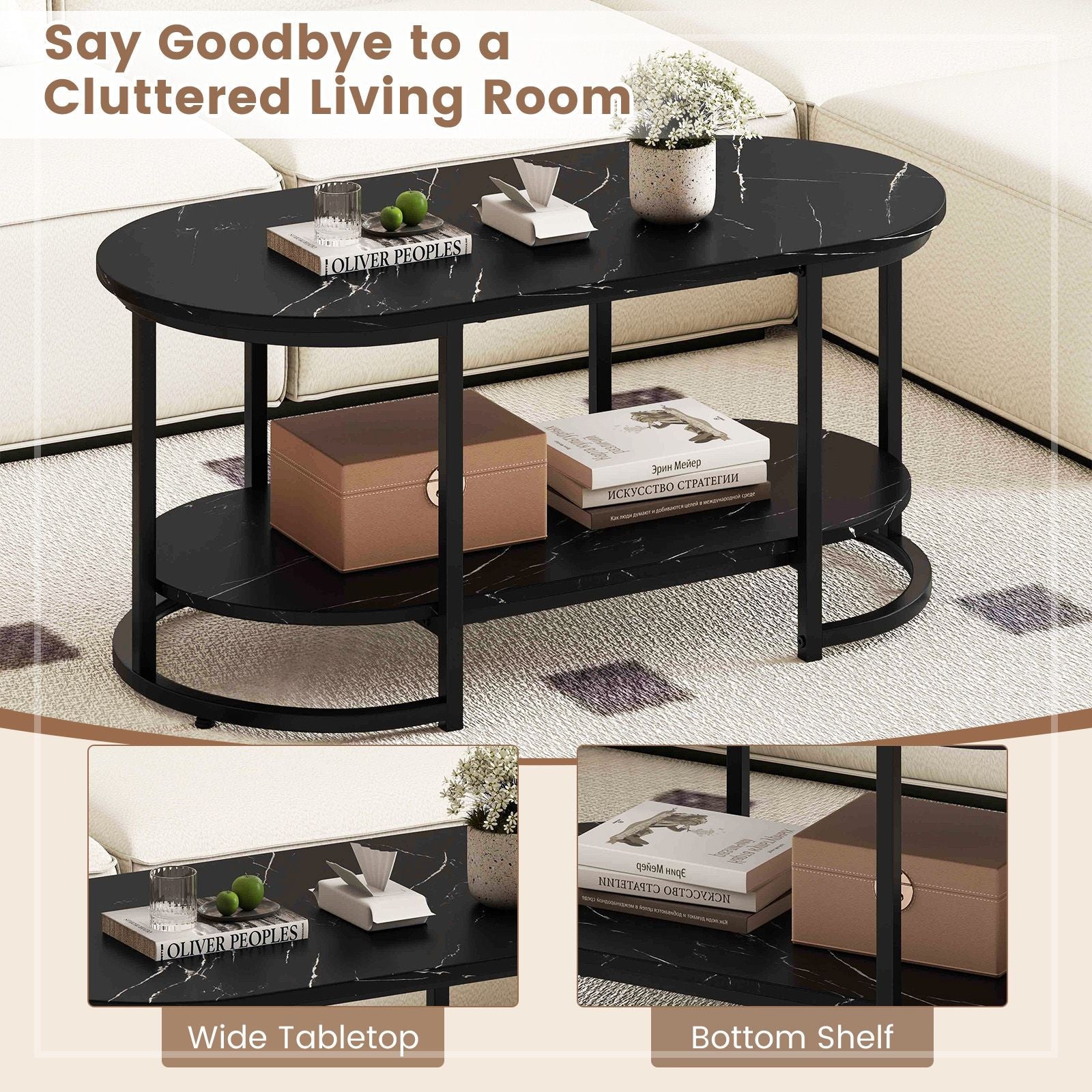 Marble Coffee Table with Open Storage Shelf