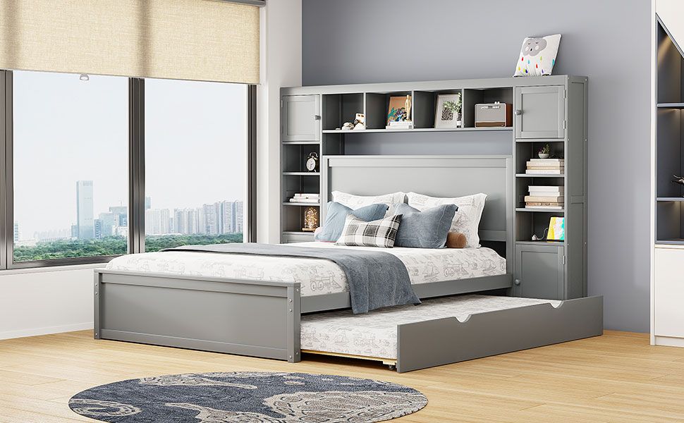 Queen Size Wooden Bed With All-in-One Cabinet, Shelf and Sockets,Twin XL Trundle, Gray