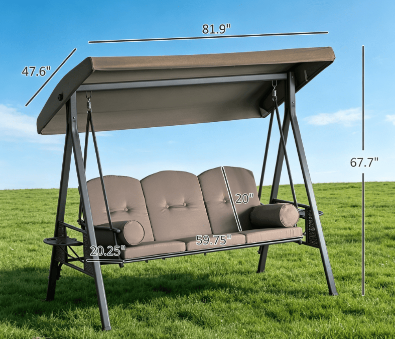 3-Seat Outdoor Patio Swing Chair Porch Glider with Adjustable Canopy Removable Cushion Pillows Side Trays for Garden Poolside Backyard Brown