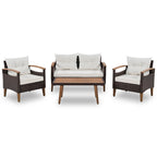 4-Piece Garden Furniture; Patio Seating Set; PE Rattan Outdoor Sofa Set; Wood Table and Legs; Brown and Beige