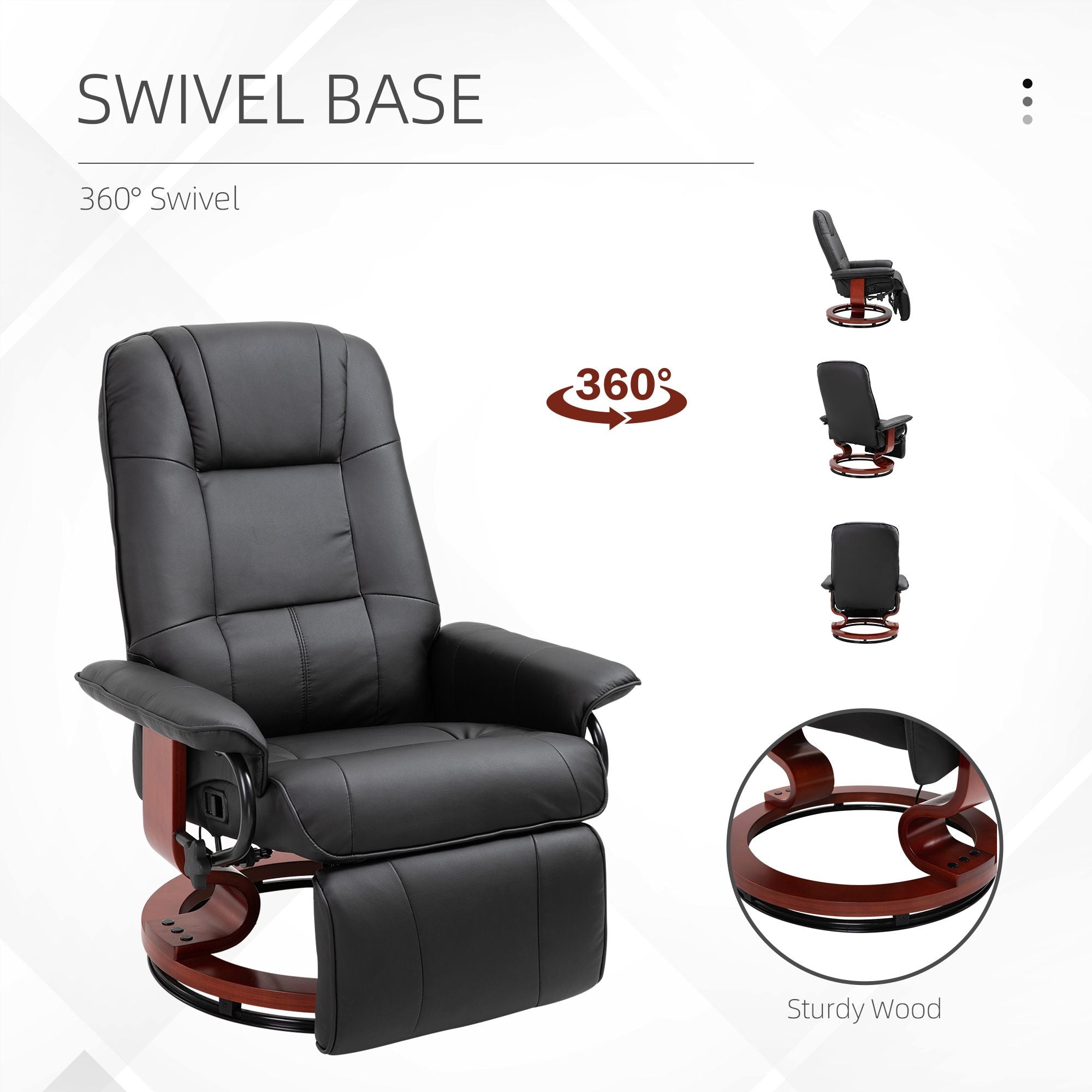 Living Room Relaxation: Black Faux Leather Swivel Recliner with Adjustable Footrest