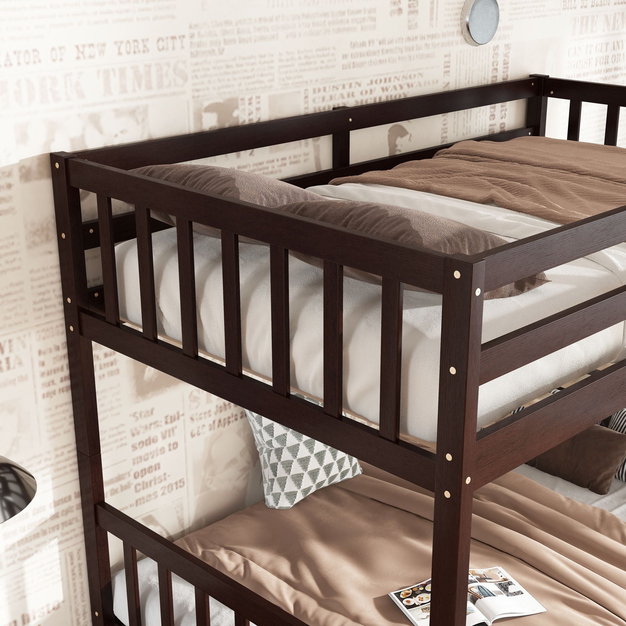 Twin Over Twin Rubber Wood Bunk Bed with 2 Drawers, Convertible into 2 Twin Beds, Twin Size Bunk Bed with Ladder and Safety Guardrails