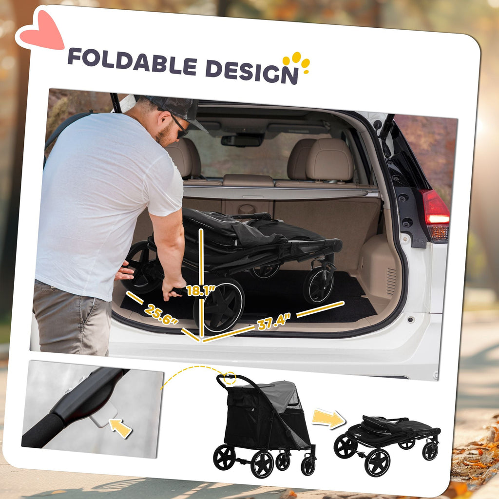 Pet Stroller Dog Cat Carriage One Click Fold with Universal Front Wheels Shock Absorber Brakes Storage Bags Mesh Window