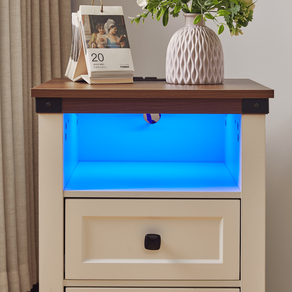 Farmhouse Side Table with Charging Station, Antique Nightstands with Drawers, Bedside Table with Open Shelf for Bedroom