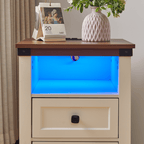 Farmhouse Side Table with Charging Station, Antique Nightstands with Drawers, Bedside Table with Open Shelf for Bedroom
