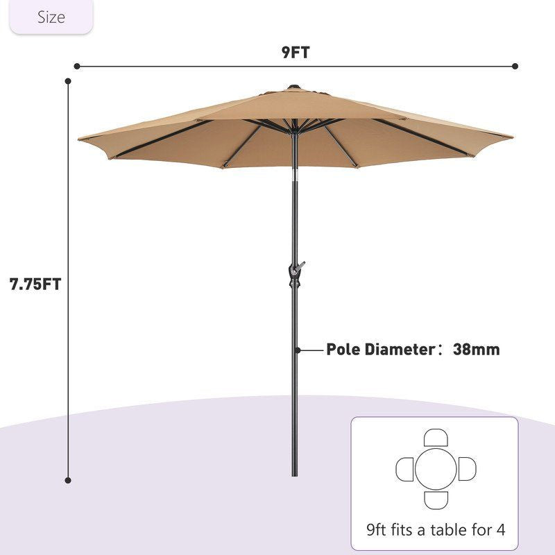 9FT Outdoor Patio Umbrella Outdoor Table Umbrella with Push Button Tilt and Crank, Market Umbrella 8 Sturdy Ribs UV Protection Waterproof for Garden, Khaki-New