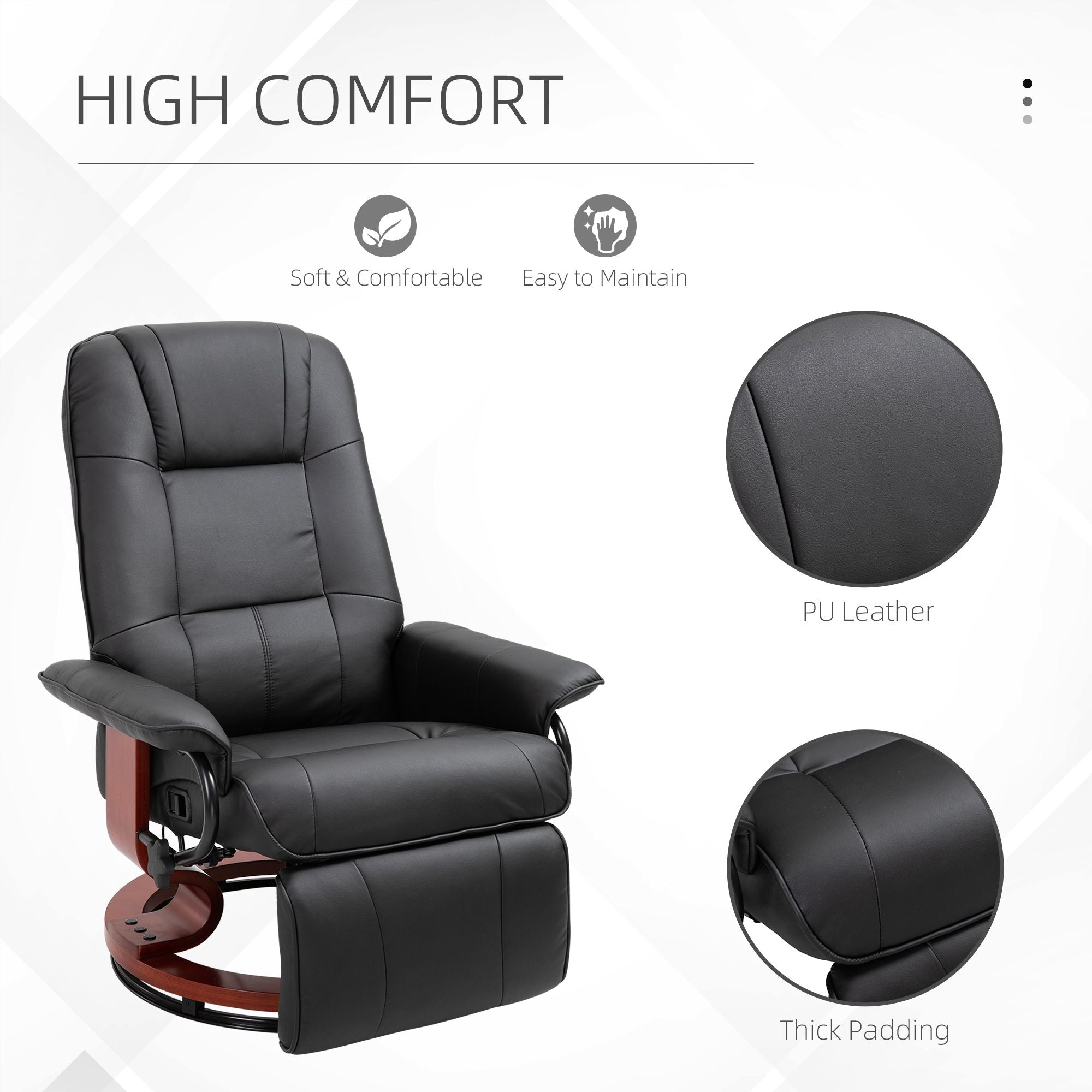 Living Room Relaxation: Black Faux Leather Swivel Recliner with Adjustable Footrest