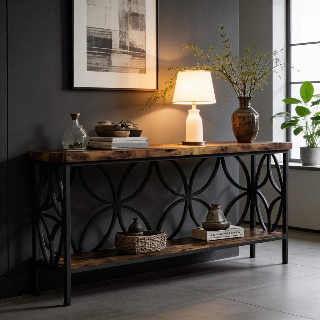 2-Tier Console Table, Industrial Sofa Table Behind Couch