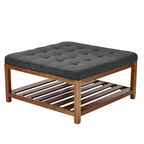 Large Square Ottoman Coffee Table, 34.5 Inch Tufted Coffee Table with Solid Wood Shelf Storage, Linen Solid Upholstered Footrest Ottoman for Bedroom Living Room, 400 LBS, Dark Gray