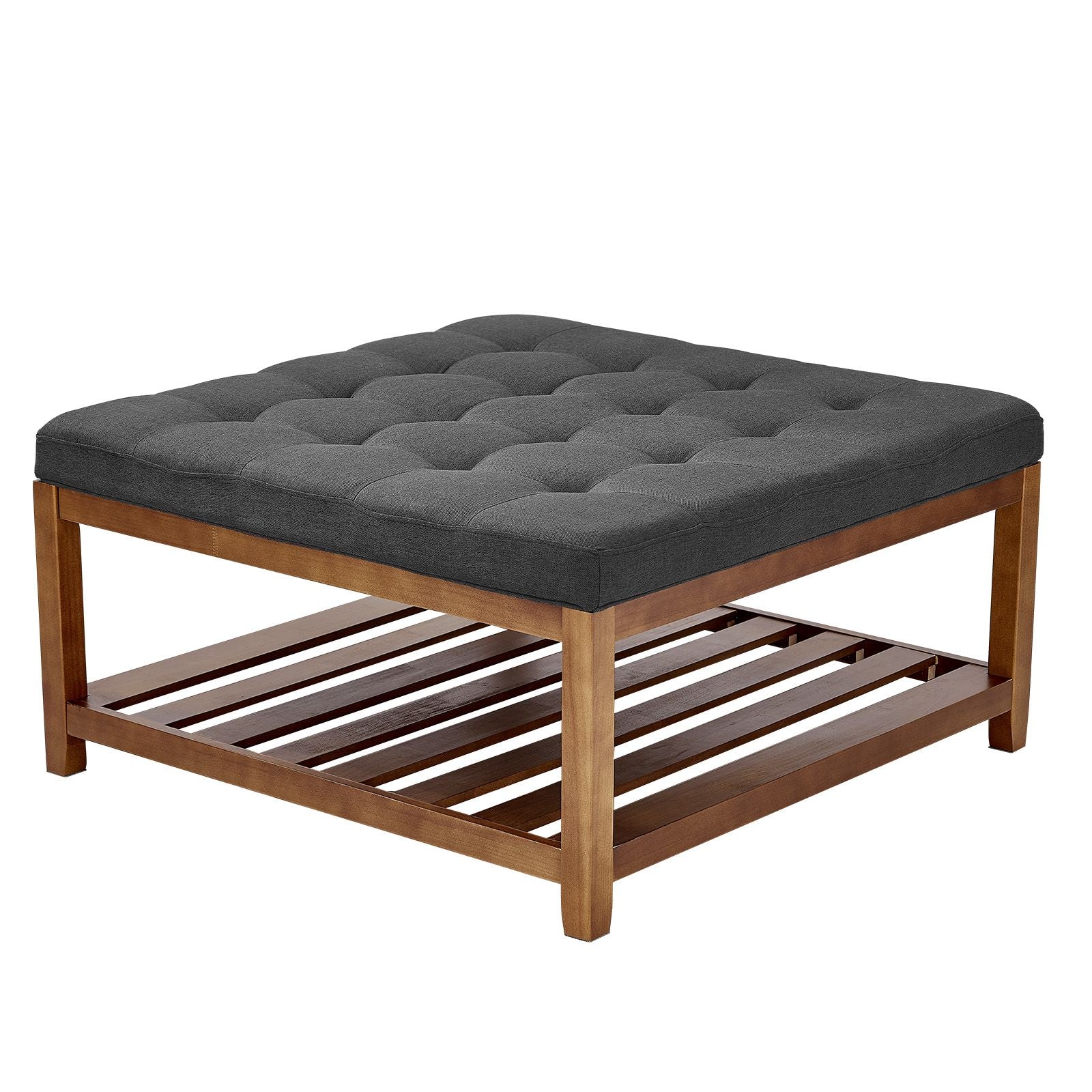 Large Square Ottoman Coffee Table, 34.5 Inch Tufted Coffee Table with Solid Wood Shelf Storage, Linen Solid Upholstered Footrest Ottoman for Bedroom Living Room, 400 LBS, Dark Gray