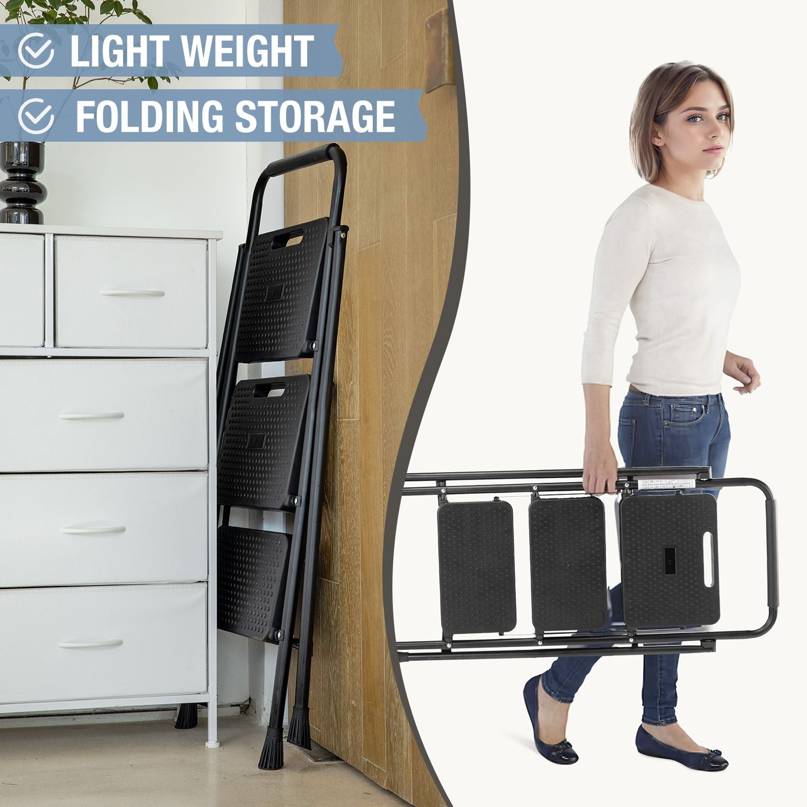 Household portable 3-layer step ladder, with safety buckle stable and safe