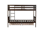Twin Over Twin Rubber Wood Bunk Bed with 2 Drawers, Convertible into 2 Twin Beds, Twin Size Bunk Bed with Ladder and Safety Guardrails