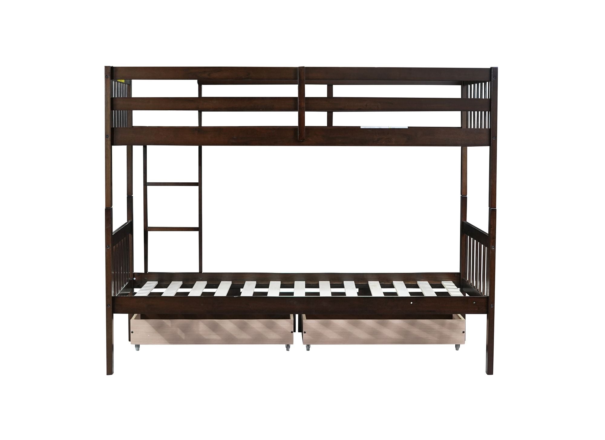 Twin Over Twin Rubber Wood Bunk Bed with 2 Drawers, Convertible into 2 Twin Beds, Twin Size Bunk Bed with Ladder and Safety Guardrails