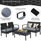 4 Pieces Patio Rattan Cushioned Furniture Set with Loveseat and Table Outdoor Conversation Sets