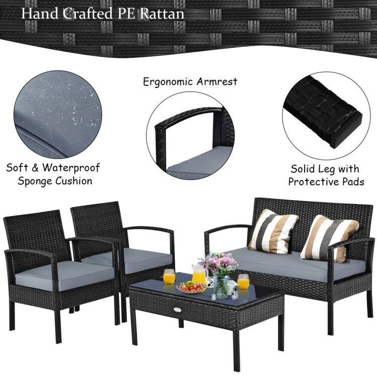 4 Pieces Patio Rattan Cushioned Furniture Set with Loveseat and Table Outdoor Conversation Sets