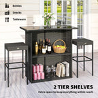 5 Piece Rattan Wicker Bar Set, High Top Outdoor Table and Chairs, Bar Height Patio Set, 2 Shelves & 4 Bar Stools, Gray