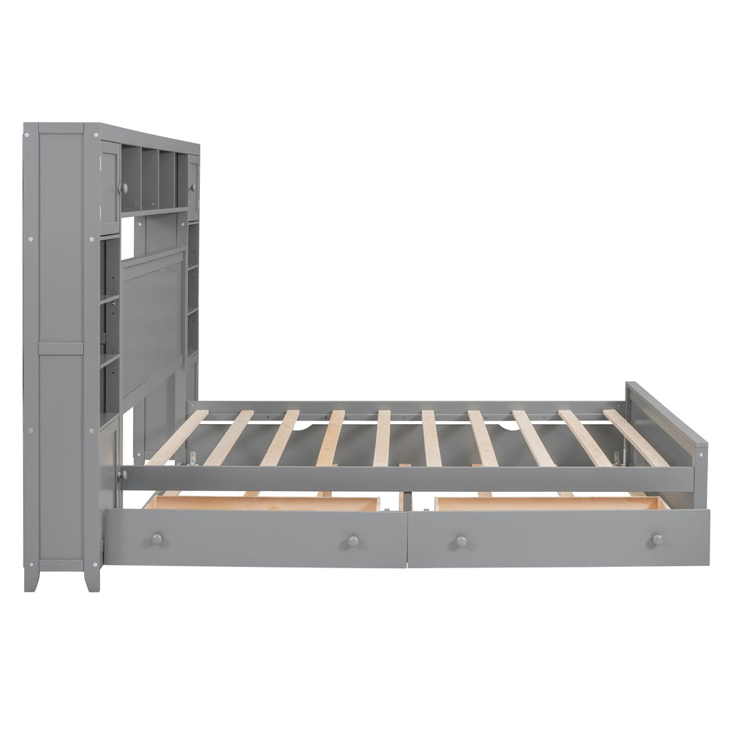 Queen Size Wooden Bed With All-in-One Cabinet, Shelf and Sockets,Twin XL Trundle, Gray