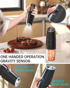 Rechargeable Electric Salt and Pepper Grinder Set Gravity Salt and Pepper Mills Set with LED Light, No Battery Needed, Adjustable Coarseness, Washable 135ml Container, Black
