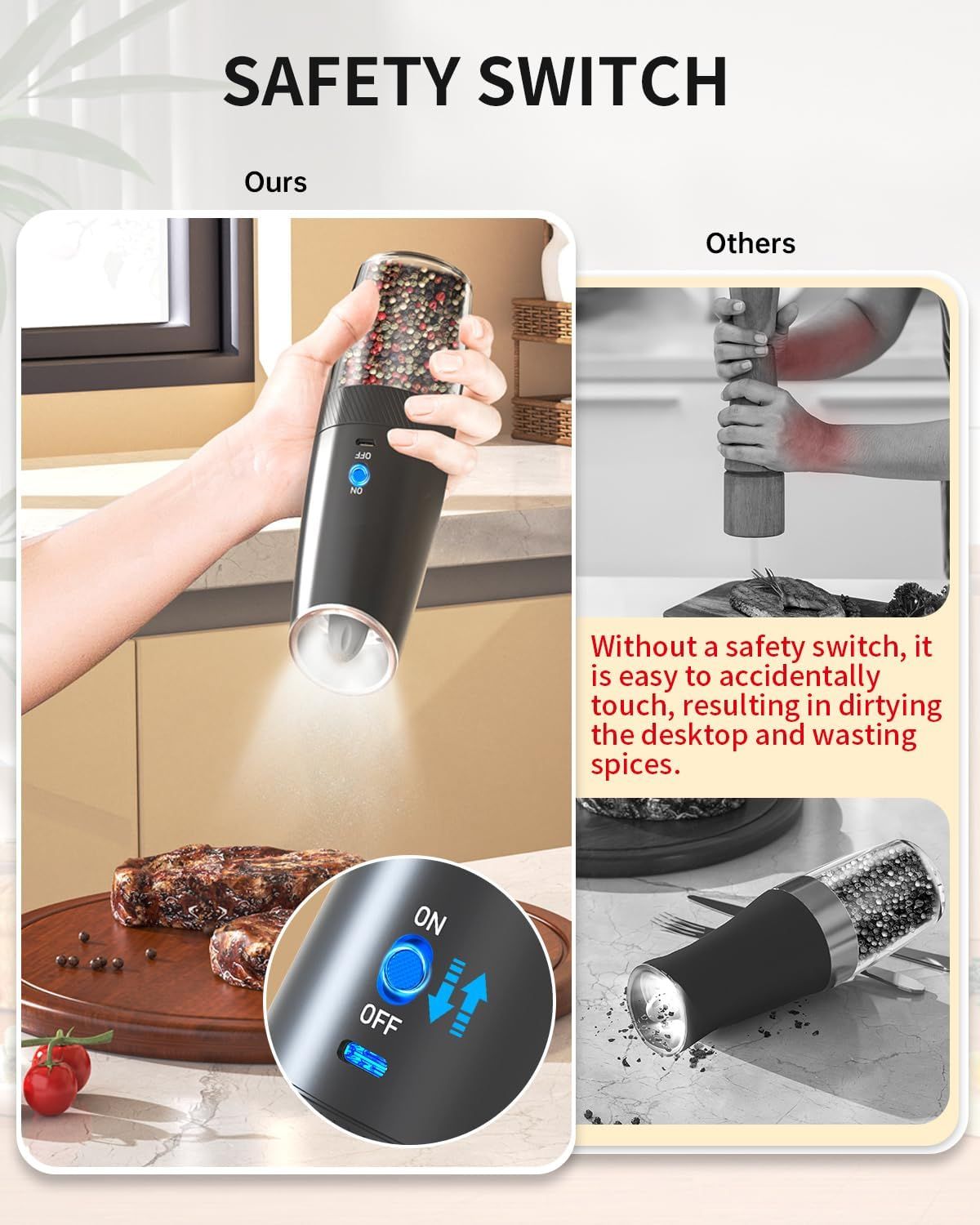 Rechargeable Electric Salt and Pepper Grinder Set Gravity Salt and Pepper Mills Set with LED Light, No Battery Needed, Adjustable Coarseness, Washable 135ml Container, Black