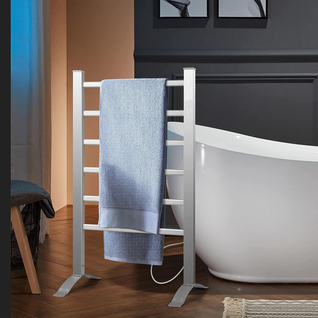 Electric Heated Towel Rack for Bathroom, Silver Color Wall Mounted OR Freestanding Towel Warmer, 6 Stainless Steel Bars Drying Rack